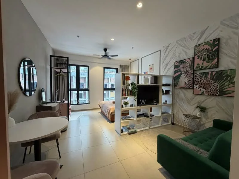 Living features: grey accent wall, white painted walls, marble tile flooring, 5-blade ceiling fan with light, floor-to-ceiling windows, green fabric sofa, round dining table, 4 dining chairs, TV console, wall-mounted TV, decorative wall art, open shelving unit, bed with bedding, curtains, houseplants in ceramic pots; style: modern; view: city.