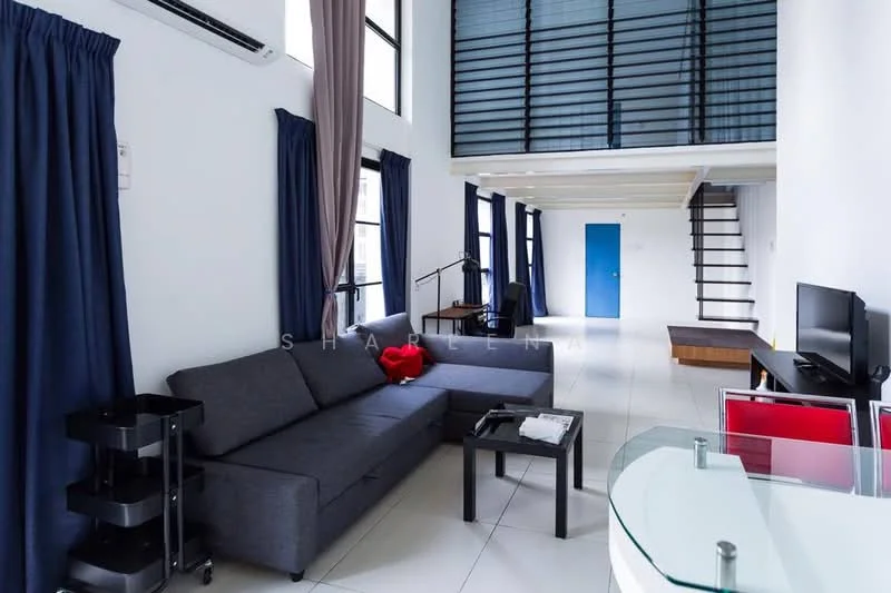Living features: grey fabric sofa, black coffee table, black rolling cart, floor-to-ceiling windows, blue curtains, white walls, recessed downlights, light-colored tile flooring, staircase with wooden steps, open loft area above; style: modern.