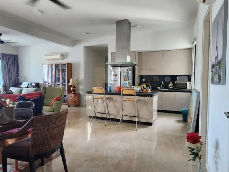 Kitchen features: island kitchen with bar stools, stainless-steel range hood, built-in microwave, ceramic cooktop, black cabinetry, white countertops, refrigerator, open shelving, pendant lighting, marble tile flooring; style: modern. Living features: 3-seater fabric sofa in red, 2-seater fabric sofa in green, wooden coffee table, TV console, bookshelves, area rug, ceiling fan, large windows with curtains; style: contemporary.