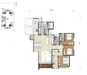 Floor plan: 3-bedroom 2-bathroom unit; features: open-plan kitchen-dining-living, master bedroom with ensuite bathroom, bedroom 2 with shared bathroom, utility room, balcony off living room, central foyer, 2 car porch, 1,250 sqft built-up.