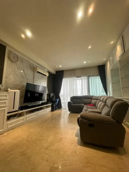 Living features: grey fabric sectional sofa, marble flooring, wall-mounted TV, white entertainment unit, recessed LED downlights, floor-to-ceiling windows with sheer curtains, blackout curtains, decorative wall clock, light-colored accent wall, built-in shelving unit; style: modern.