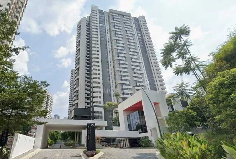 Exterior type: high-rise condominium; features: glass curtain wall, white painted facade, red accent features, recessed balconies, manicured landscaping, paved driveway, surrounded by palm trees, guard house at entrance; style: modern.