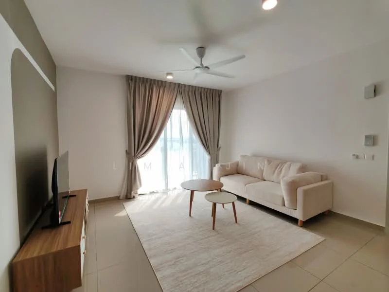 Living features: 3-seater fabric sofa in beige, coffee table, TV console, wall-mounted TV, area rug, floor-to-ceiling windows, sheer curtains, ceiling fan with light, light-colored walls, tile flooring; style: modern.