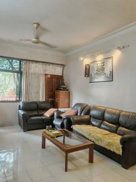 Living features: 3-seater leather sofa, 2-seater leather sofa, wood coffee table, white tiled flooring, ceiling fan, wall-mounted artwork, curtains on windows, wooden cabinet, natural light from window; style: traditional; view: garden.