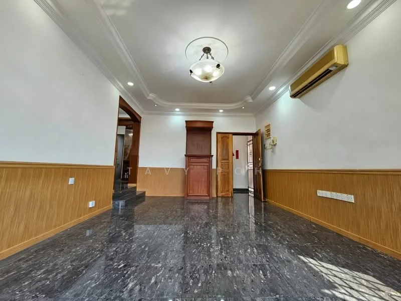 Room features: grey marble flooring, white painted walls, wood paneling, crown moulding, recessed downlights, ceiling rose with light fixture, wall-mounted split AC, wooden door, wooden cabinetry, staircase visible in background; style: modern.