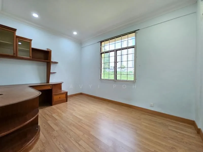 Room features: light wood laminate flooring, white painted walls, crown moulding, built-in wooden shelving unit, wooden desk with drawers, single window with metal grille, natural light from window, corner storage cabinet; style: modern; view: garden.