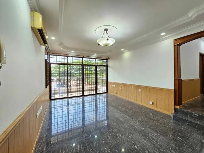 Living features: marble flooring, white painted walls, wood paneling, tray ceiling with chandelier, recessed downlights, floor-to-ceiling windows, sliding glass door, air conditioning unit, natural light from windows, view of outdoor space; style: modern; view: garden.