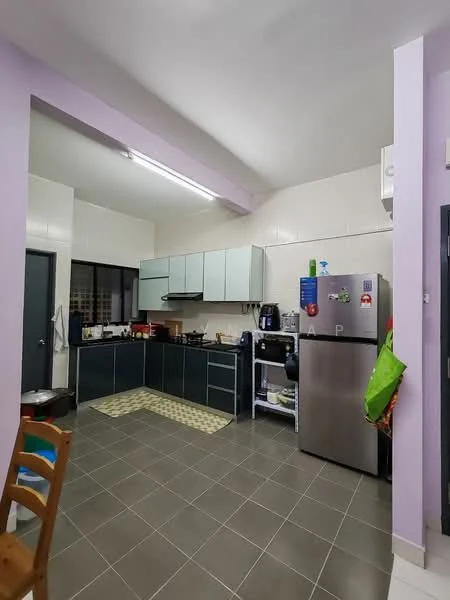 Kitchen features: light purple painted walls, grey cabinetry, stainless-steel fridge, built-in oven, freestanding gas range oven, black countertop, white tile backsplash, ceramic tile flooring, window above sink, open shelving, kitchen island, kitchen utensils on countertop, dish rack, floor mat; style: modern.