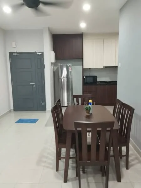 Dining features: wooden dining table, 4 dining chairs, ceiling fan, grey walls, tile flooring, refrigerator, microwave, black countertop, wood cabinetry, kitchen appliances visible in background; style: modern.