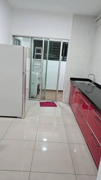 Kitchen features: red cabinetry, black granite countertop, stainless-steel fridge, single-bowl stainless-steel sink, chrome pull-down faucet, white tiled walls, white tiled flooring, sliding glass door, window, pink mat; style: modern.