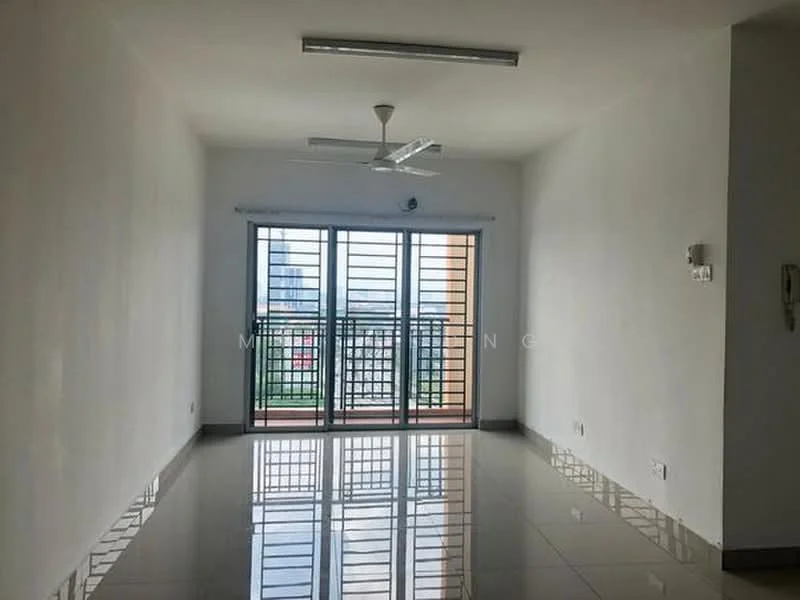 Living features: white painted walls, glossy ceramic tile flooring, 5-blade ceiling fan with light, floor-to-ceiling windows, sliding glass door, balcony access, natural light, city view; style: modern; view: city.
