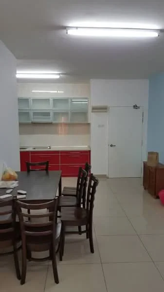 Kitchen features: red cabinetry, white countertop, built-in oven, microwave, stainless-steel sink, chrome faucet, glass upper cabinets, tile flooring, recessed lighting, dining table with chairs; style: modern.