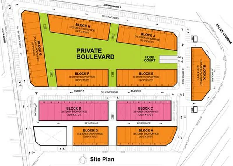 Floor plan: features: site plan layout, multiple blocks labeled A to J, private boulevard, food court area, service roads, parking areas, landscaped green spaces.