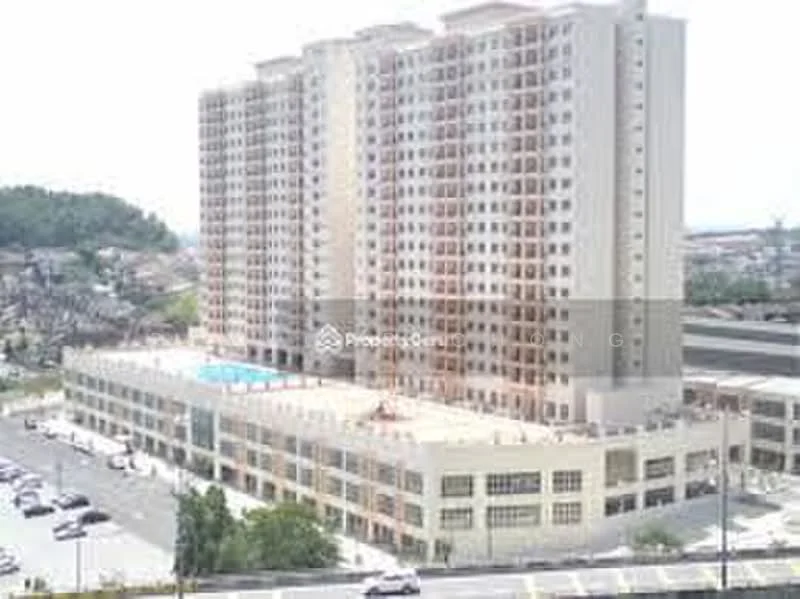 Exterior type: high-rise condominium; features: multiple-storey building, swimming pool on rooftop, open-air parking lot, balconies on upper floors, glass windows, concrete facade, landscaped area around building, surrounded by greenery; style: modern.