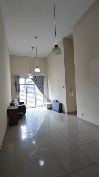 Living features: high ceiling, large windows with sheer curtains, grey wall, white painted walls, polished tile flooring, two pendant lights, sofa, wooden side table; style: modern.