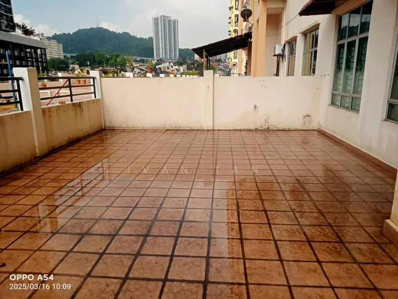 Room features: tiled flooring, concrete walls, railing, city view, outdoor space, partially covered area, drainage system, no visible furniture; view: city.