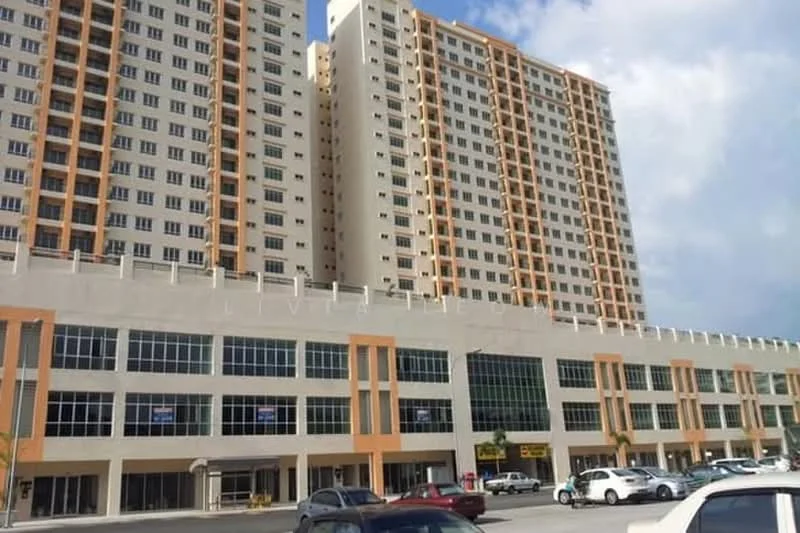 Exterior type: high-rise condominium; features: glass curtain wall, cream painted facade, multiple storeys, commercial units at ground level, large windows, balconies on upper floors, parking area in front, surrounded by urban environment; style: modern.