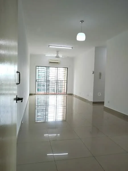 Living features: white painted walls, glossy ceramic tile flooring, 5-blade ceiling fan with light, recessed LED downlights, floor-to-ceiling windows, sliding glass door, air conditioning unit, neutral color scheme; style: modern; view: city.