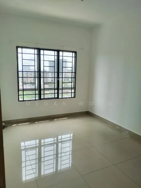 Room features: white painted walls, glossy ceramic tile flooring, large black-framed windows, natural light from windows, city view from windows; style: modern; view: city.