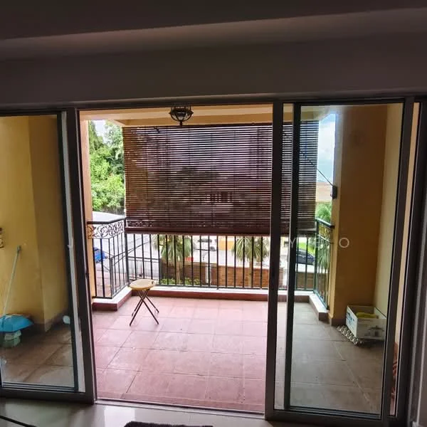 Balcony features: sliding glass door, tile flooring, metal railing, outdoor view, blinds, small wooden stool; view: garden.
