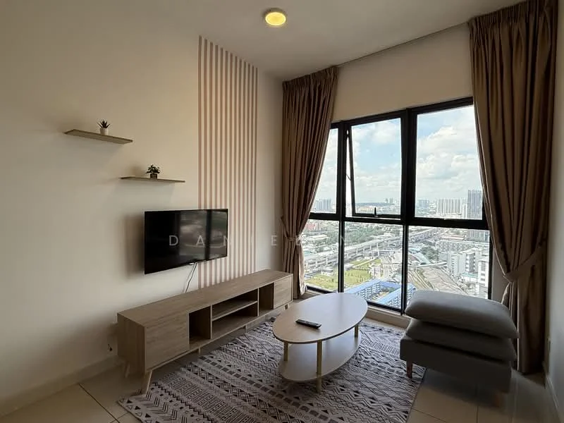 Living features: floor-to-ceiling windows, grey fabric sofa, light wood coffee table, TV console in light wood, wall-mounted TV, decorative wall with vertical stripes, sheer curtains, area rug with geometric pattern, recessed downlights; style: modern; view: city.