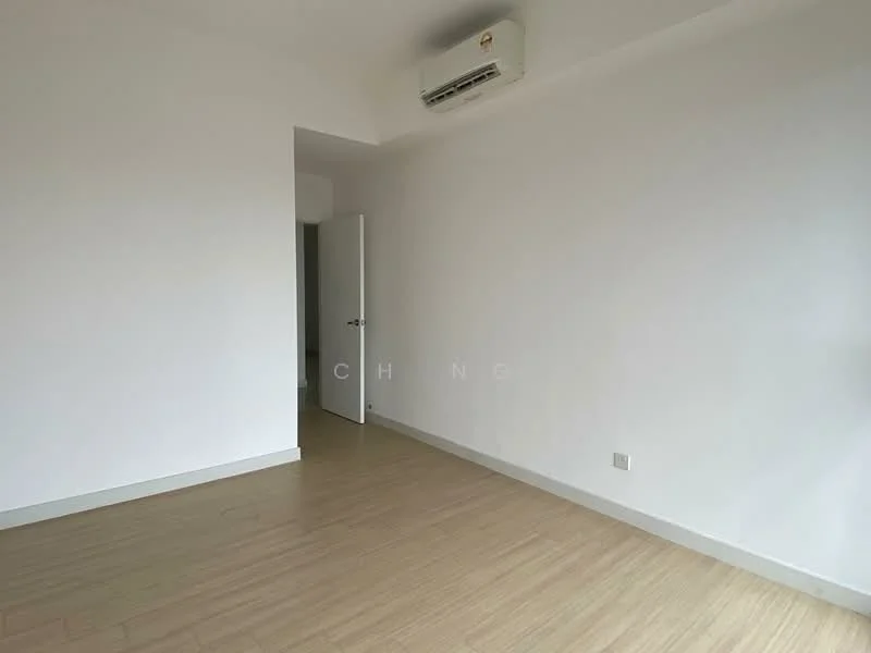 Room features: white painted walls, light wood flooring, 1 wall-mounted split AC, door leading to another room, window with no visible treatment; style: modern.