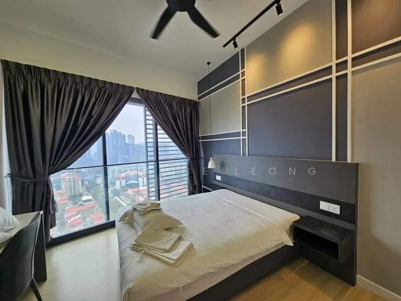 Bedroom features: king-size bed, upholstered headboard, bedside table, floor-to-ceiling windows, blackout curtains, grey accent wall, white painted walls, ceiling fan, wooden flooring, city view; style: modern; view: city.