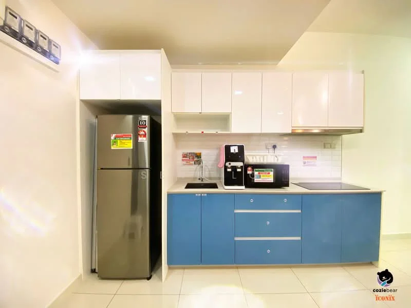 Kitchen features: stainless-steel fridge, built-in oven, black coffee machine, white upper cabinets, blue lower cabinets, white subway tile backsplash, single-bowl stainless-steel sink, chrome pull-down faucet, countertop with integrated cooktop, wall-mounted power outlets, tile flooring, recessed downlights; style: modern.
