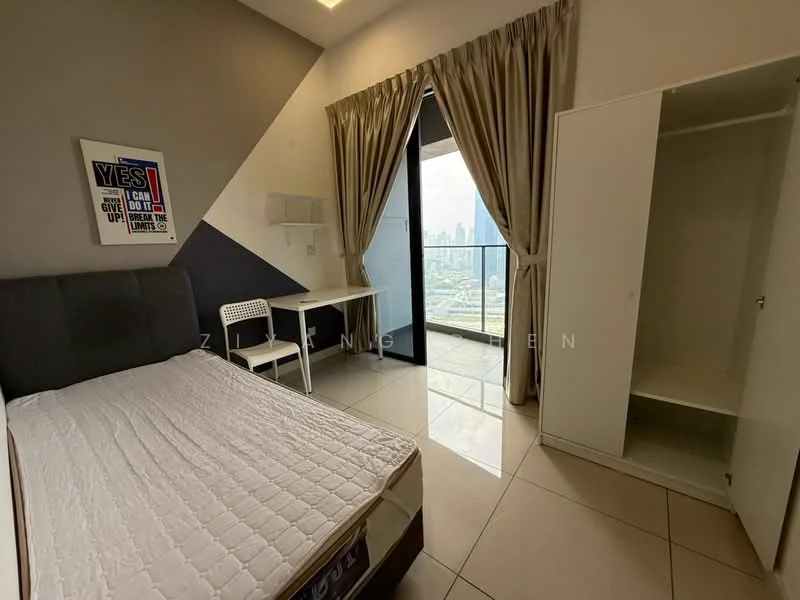 Bedroom features: queen-size bed, upholstered headboard, floor-to-ceiling windows, curtains, white painted walls, tile flooring, built-in wardrobe, study desk, chair; style: modern; view: city.