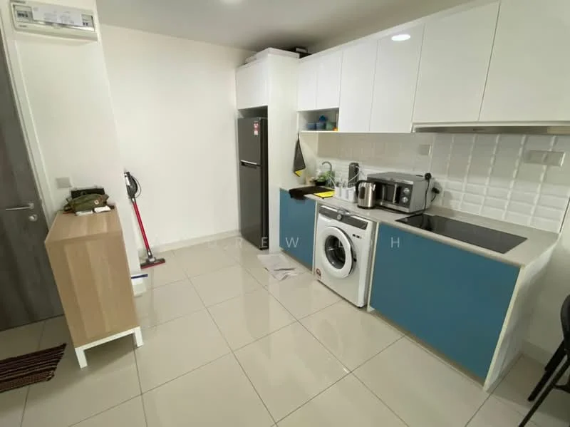 Kitchen features: white upper cabinets, blue lower cabinets, stainless-steel fridge, built-in oven, stainless-steel sink, chrome pull-down faucet, white tiled backsplash, front-load washing machine, ceramic tile flooring, recessed downlights, countertop with overhang, kitchen utensils on countertop; style: modern.