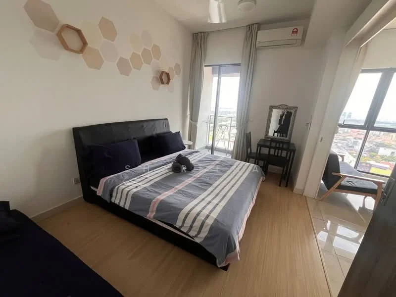 Bedroom features: king-size bed with black upholstered headboard, striped bedding in grey and white, 2 bedside pillows, decorative throw pillow, wooden flooring, floor-to-ceiling window with city view, sheer curtains, wall-mounted air conditioning unit, hexagonal wall decor, full-length mirror, wooden chair, small side table; style: modern; view: city.