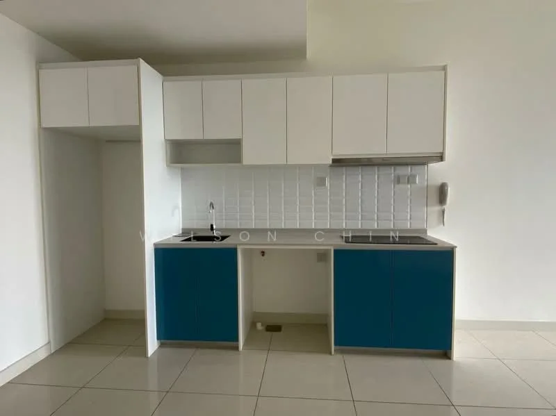 Kitchen features: white cabinetry with flat-panel doors, blue lower cabinets, black countertop, single-bowl stainless-steel sink, chrome pull-down faucet, white tiled backsplash, ceramic tile flooring, open shelving, built-in cabinet, under-cabinet lighting; style: modern.