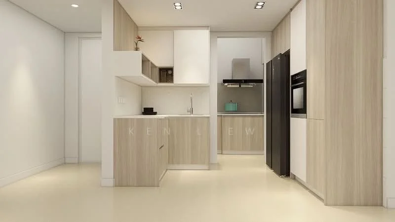 Kitchen features: white cabinets with wood veneer, marble countertop, single-bowl stainless-steel sink, chrome pull-down faucet, built-in oven, freestanding range oven, stainless-steel refrigerator, recessed LED downlights, cream-colored flooring, open shelving, wall-mounted extractor hood; style: modern.