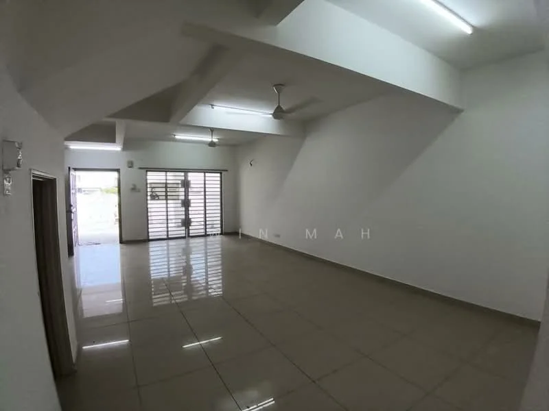 Room features: white painted walls, polished ceramic tile flooring, exposed ceiling beams, 2 ceiling fans, large sliding glass door, window with horizontal bars, natural light from windows, open layout; style: modern; view: garden.
