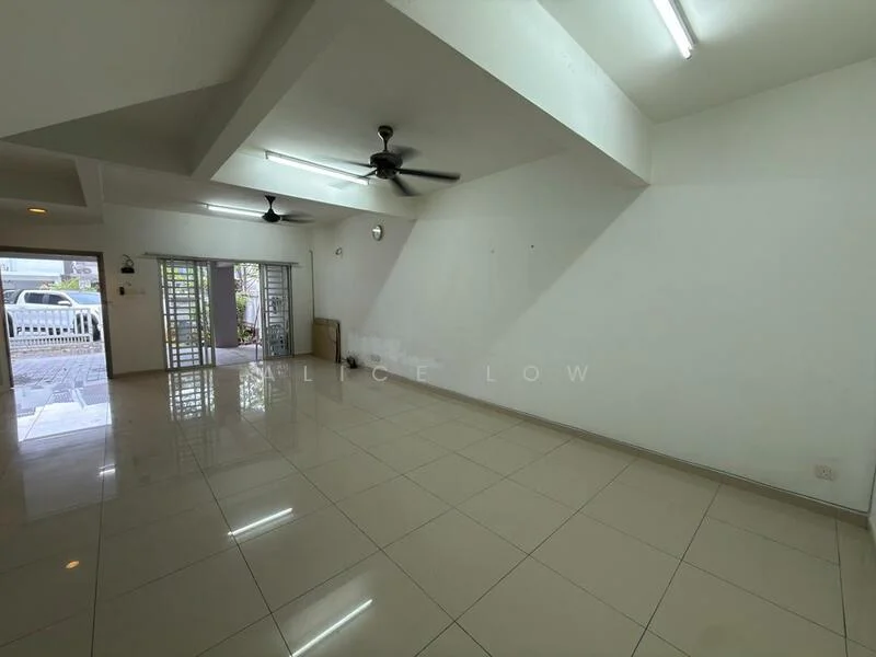 Living features: white painted walls, glossy ceramic tile flooring, exposed beams on ceiling, 2 ceiling fans, recessed lighting, large windows with security bars, open layout, natural light from windows; style: modern.