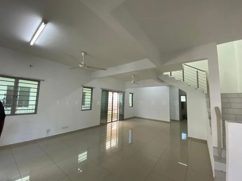 Room features: white painted walls, tile flooring, ceiling with exposed beams, 2 ceiling fans, large windows with horizontal slats, open layout, staircase visible in background, natural light from windows; style: modern.