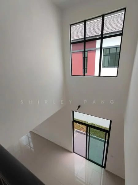 Room features: white painted walls, large floor-to-ceiling windows, glossy tile flooring, high ceiling, natural light, view of outdoor area; style: modern; view: garden.