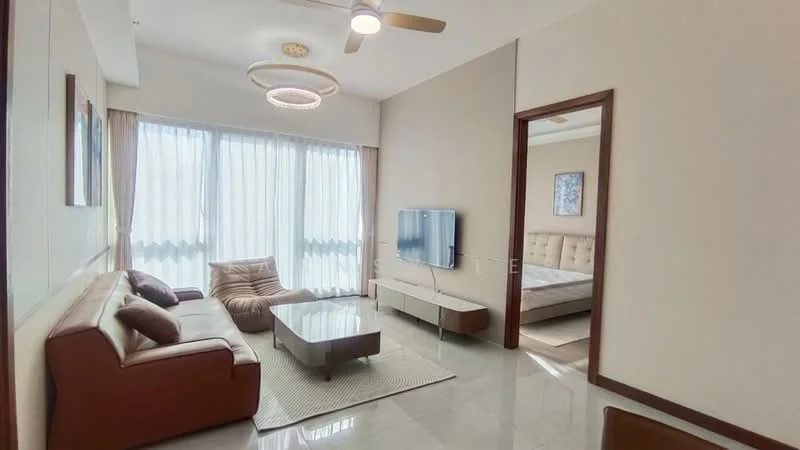Living features: 3-seater leather sofa in brown, 2 accent chairs in brown, glass coffee table, wall-mounted TV, area rug, ceiling fan with light, recessed downlights, floor-to-ceiling windows with sheer curtains, decorative wall art, light-colored walls, glossy tile flooring; style: modern. Room features: queen-size bed, upholstered headboard, bedside lamps, built-in wardrobe.