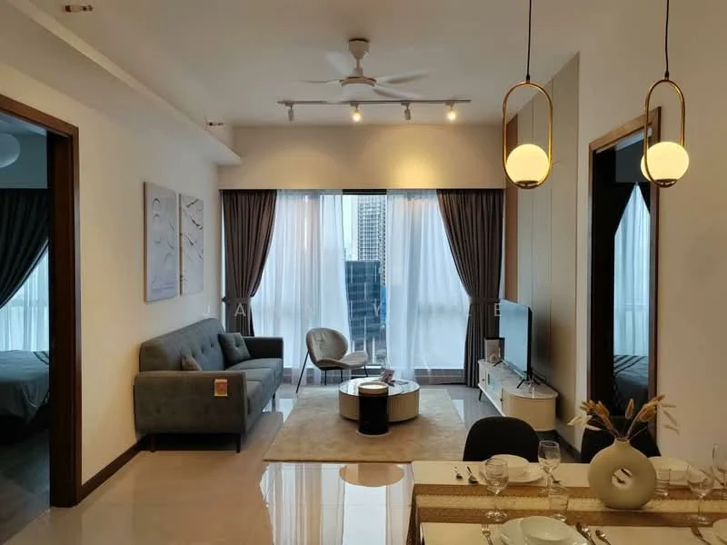 Living features: 3-seater fabric sofa in grey, coffee table with round top, wall-mounted TV, area rug with neutral color, floor-to-ceiling windows, sheer curtains, recessed downlights, ceiling fan with light, decorative wall art, open-plan layout with dining area; style: modern; view: city. Dining features: 6-seater dining table, upholstered dining chairs, decorative centerpiece, table setting with glassware, wall-mounted lighting fixture; style: modern; view: city. Room features: doorway leading to bedroom, doorway leading to hallway.