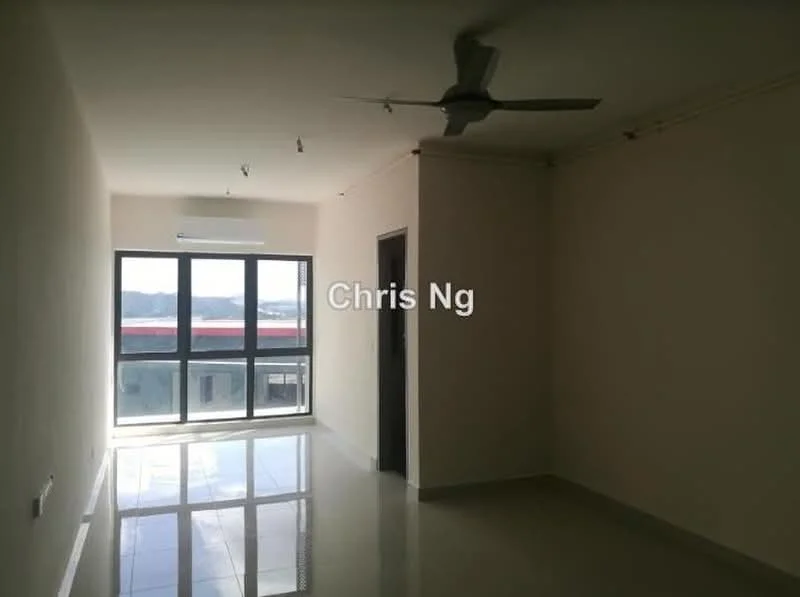 Room features: white painted walls, polished tile flooring, 5-blade ceiling fan, floor-to-ceiling windows, natural light, view of city skyline, air conditioning unit; style: modern; view: city.
