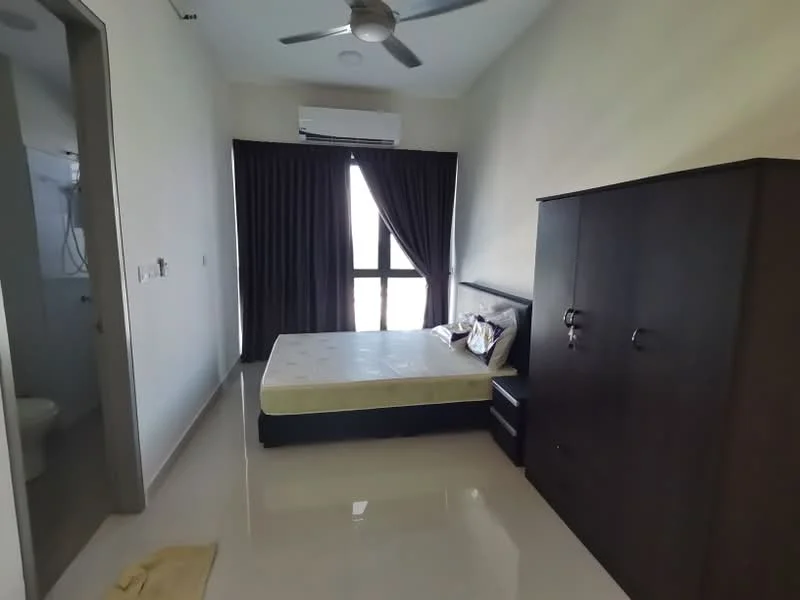 Bedroom features: queen-size bed, upholstered headboard, bedside table, built-in wardrobe, floor-to-ceiling window, blackout curtains, ceiling fan, polished tile flooring, light-colored painted walls, air conditioning unit; style: modern. Room features: bathroom door, toilet visible through door.