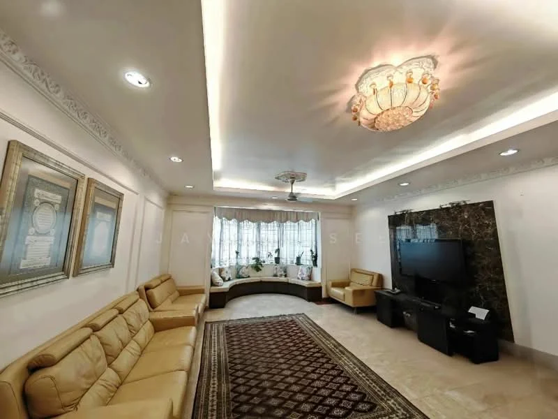 Living features: cream leather sectional sofa, 2 beige armchairs, coffee table, wall-mounted TV, decorative wall panel with stone cladding, area rug with geometric pattern, ceiling rose with chandelier, recessed LED downlights, floor-to-ceiling windows with sheer curtains, window seat with cushions, crown moulding on ceiling, marble flooring; style: contemporary; view: garden.