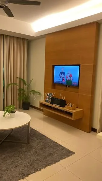 Living features: light grey area rug, 3-seater fabric sofa in beige, wall-mounted TV, wooden TV console, potted plant, floor-to-ceiling curtains, recessed ceiling lights, ceiling fan, cream painted walls, wood panel accent wall, decorative items on console; style: modern.
