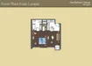 Floor plan: 1-bedroom 1-bathroom unit; features: open-plan kitchen-dining-living, master bedroom with ensuite bathroom, balcony off living room, utility room, laundry area, central foyer.