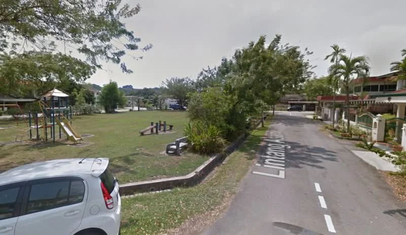 Exterior features: playground equipment, manicured lawn, mature trees, paved walkway, residential street, park area.