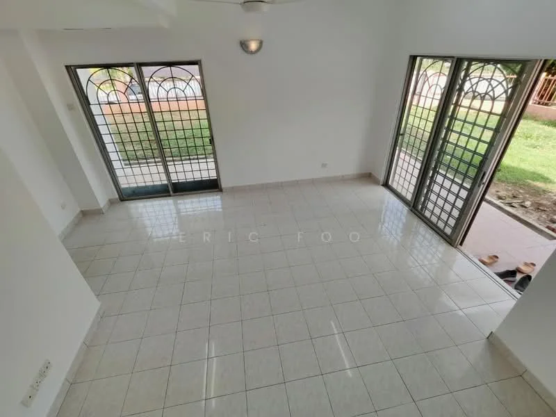 Room features: white painted walls, glossy tile flooring, ceiling fan, floor-to-ceiling windows, sliding glass doors, natural light from windows, view of outdoor space, open layout; style: modern; view: garden.