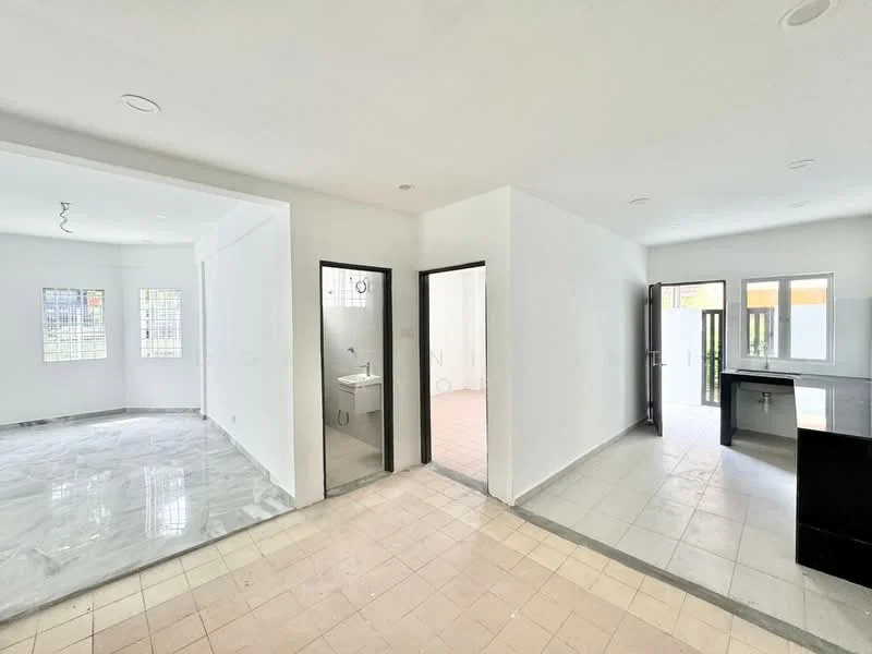 Room features: white painted walls, marble tile flooring, grey tile flooring, multiple windows, door leading outside, door leading to another room, ceiling lights, open layout; style: modern.