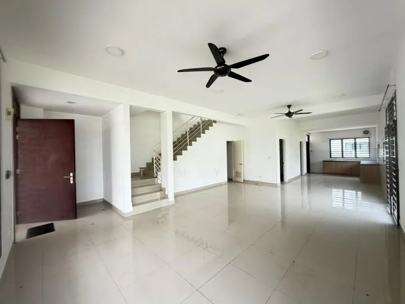 Living features: white painted walls, glossy ceramic tile flooring, 2 ceiling fans, large windows, staircase leading to upper floor, open layout, natural light, neutral color scheme; style: modern.