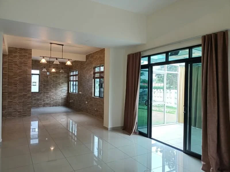 Living features: cream painted walls, exposed stone accent wall, large sliding glass door, floor-to-ceiling windows, ceramic tile flooring, 5-blade ceiling fan with light, hanging pendant lights, curtains, open layout; style: modern; view: garden.