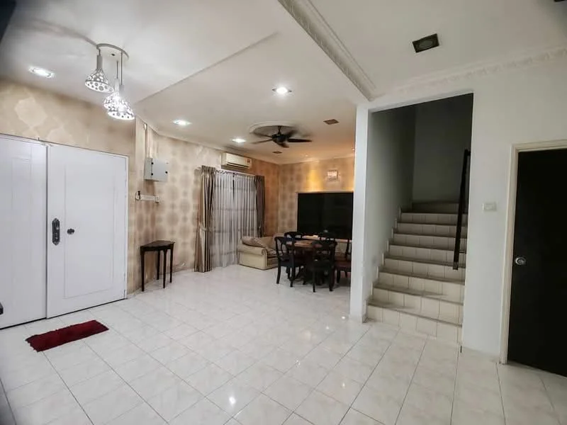 Living features: white tiled flooring, cream painted walls, recessed downlights, 5-blade ceiling fan, wall-mounted air conditioning unit, sofa in beige, dining table with chairs, large wall-mounted TV, staircase leading to upper floor, curtains on windows, entrance mat; style: modern. Room features: white tiled flooring, cream painted walls, staircase leading to upper floor.